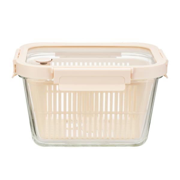 Stackable Airtight Glass Food Container With Vented Glass Lid And Removable Drain Basket