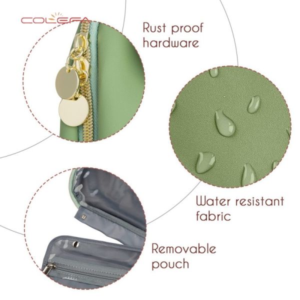 Colefa Customizable PU Leather Waterproof Toiletry Bag Makeup Pouch Storage with Hook Travel & Daily Bathroom Essentials Bags