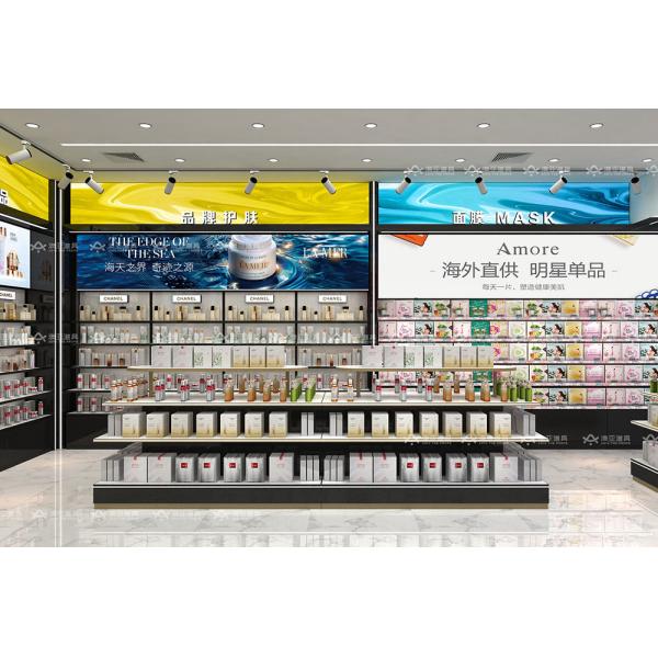 Diseño de tienda de cosméticos, estantería negra y dorada para perfumes, muebles de exhibición minorista, diseño de tienda que ahorra espacio