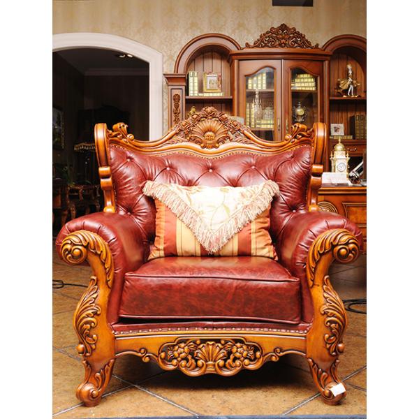 Top Grain Royal Wood Carved Baroque Sofa High Elastic Antique Leather Couch