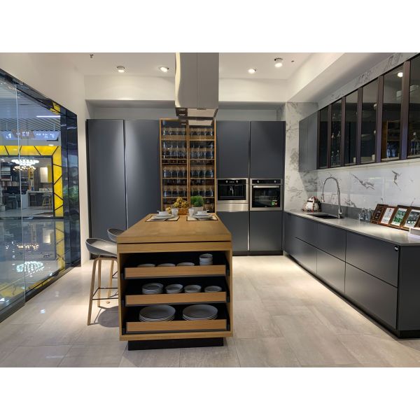 Italian Design Kitchen Cabinet with Quartz Stone Top and Tall Cabinet Ready to Ship