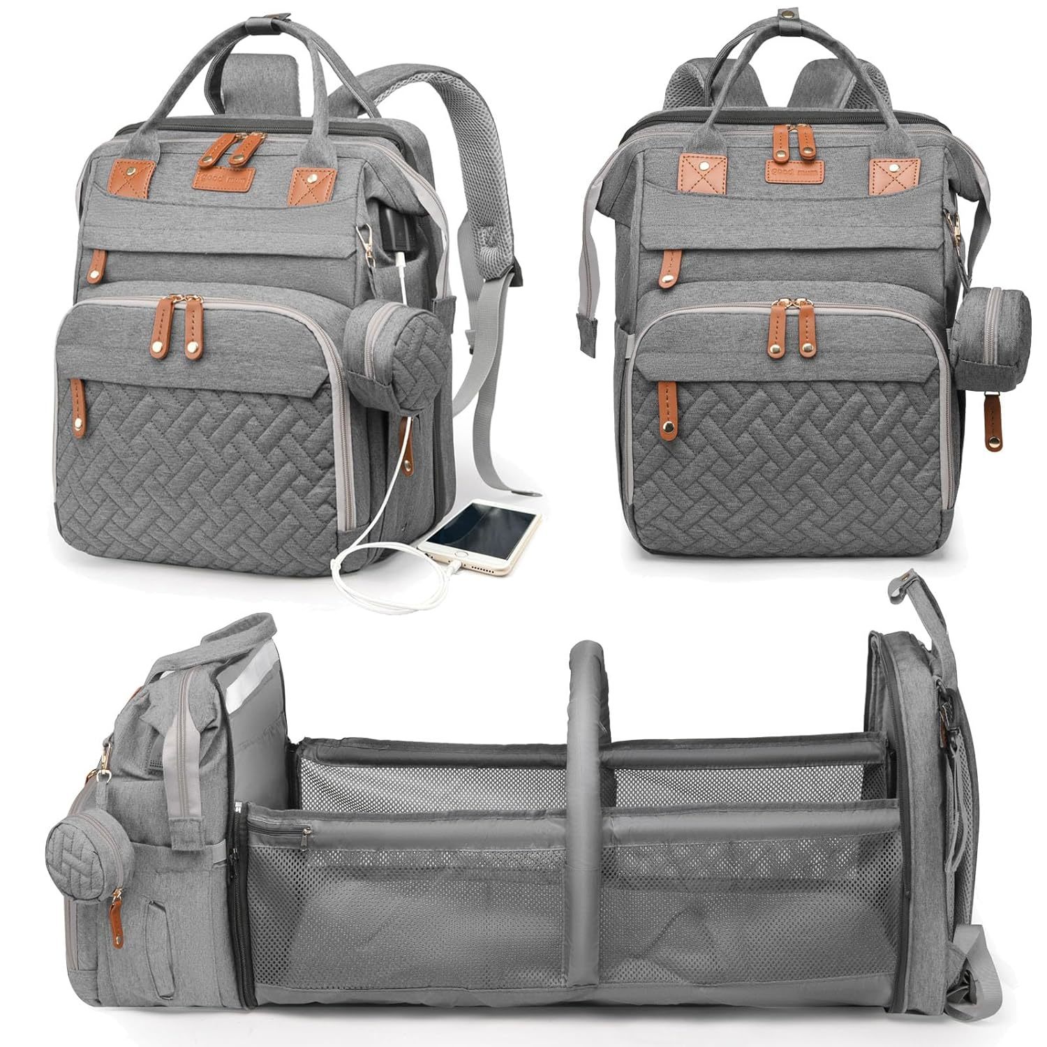 Baby Diaper Bag with Changing Station, Waterproof Diaper Bag Backpack for Moms Dads with USB Charging Port, Baby Shower Gifts, Baby essentials,Grey