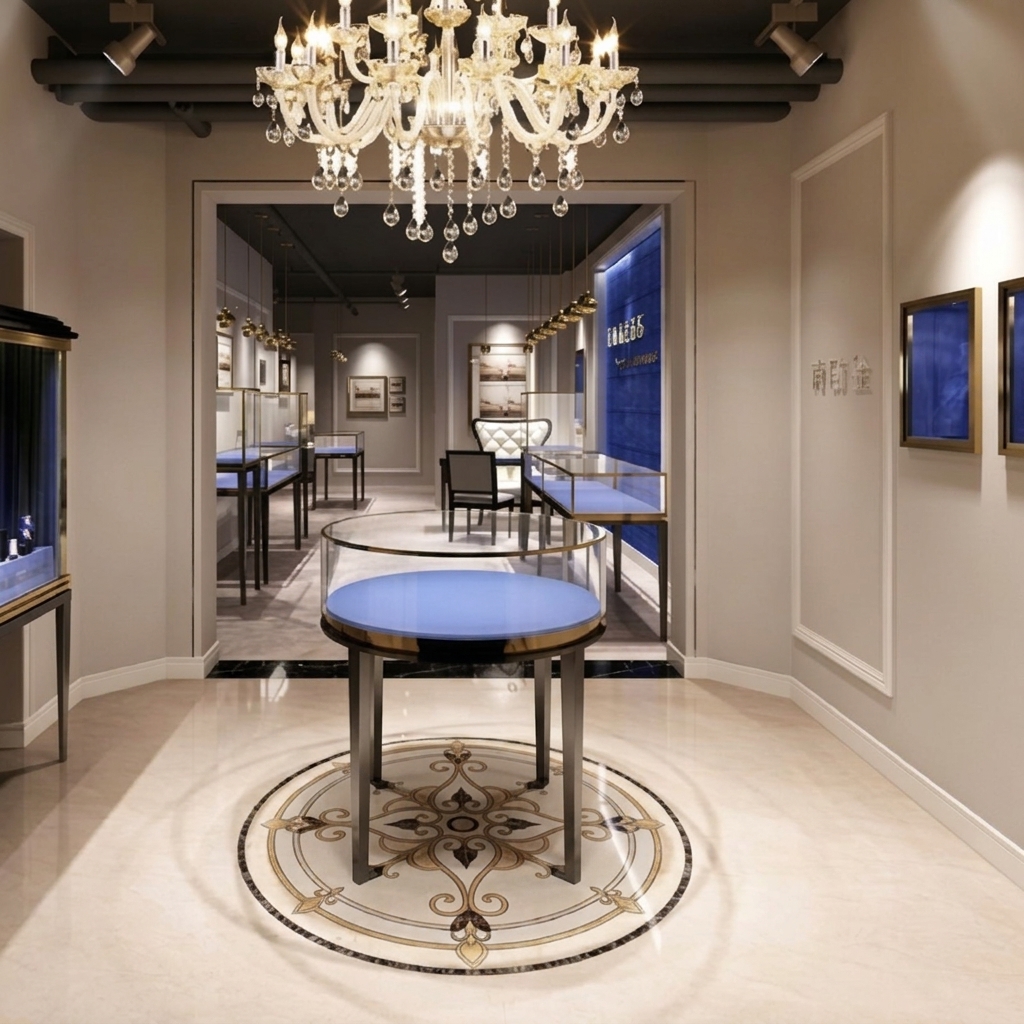 Blue Velvet Jewelry Display Stand; Curved Glass Tall Jewelry and Watch Display Case; Luxury Retail Store Display Cabinet