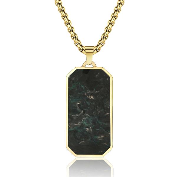 Rectangle Forged Carbon Fiber Pendant SS Plated Men's 14k Gold Cross Necklace