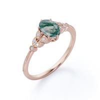 anillo de compromiso natural oval afiligranado del diente del racimo 6 de Milgrain Druzy Moss Green Agate And Moissanite de la Marqués-forma