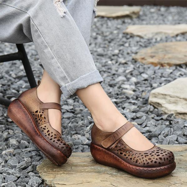 S492 Retro Ethnic Style Thick-Soled Sandals With Velcro Hollow Leather Handmade High-Heeled Women'S Shoes Wholesale Proc