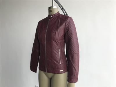 Polished Sliver Pu Leather Jacket Womens With Quilting Burgundy Tw75948