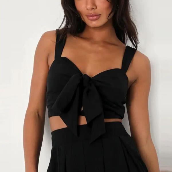                  Crinkle Woven Rayon Black Sleeveless Tie-Front Two-Piece Dress Smocked Crop Tank Top and High Waist Long Skirts Suits             