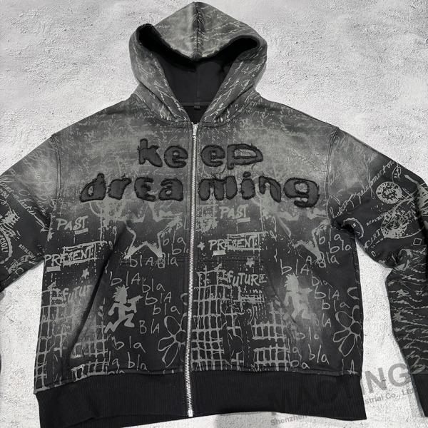Impressão completa Vintage Distressed Aplique bordado Hoodie 800 gramas Peso do tecido