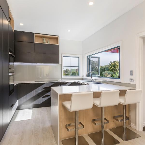 Black wood texture Timber Veneer U Shaped Modular Kitchen