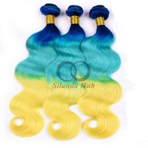 Blue/Light Blue/Yellow Body Wave Remy Human Hair Bundles Sew In Weave Bundles Brazilian Bundle Deals
