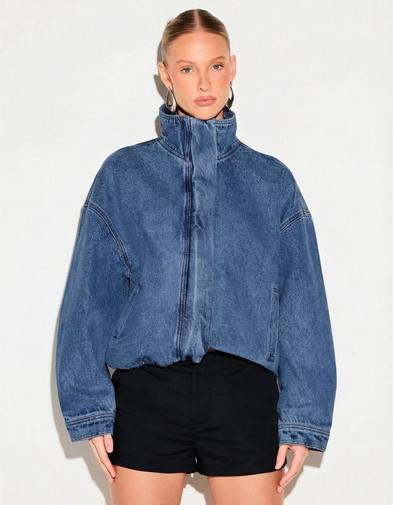 Women's Premium Denim Bomber Jacket with High Stand Collar and Oversized Relaxed Fit