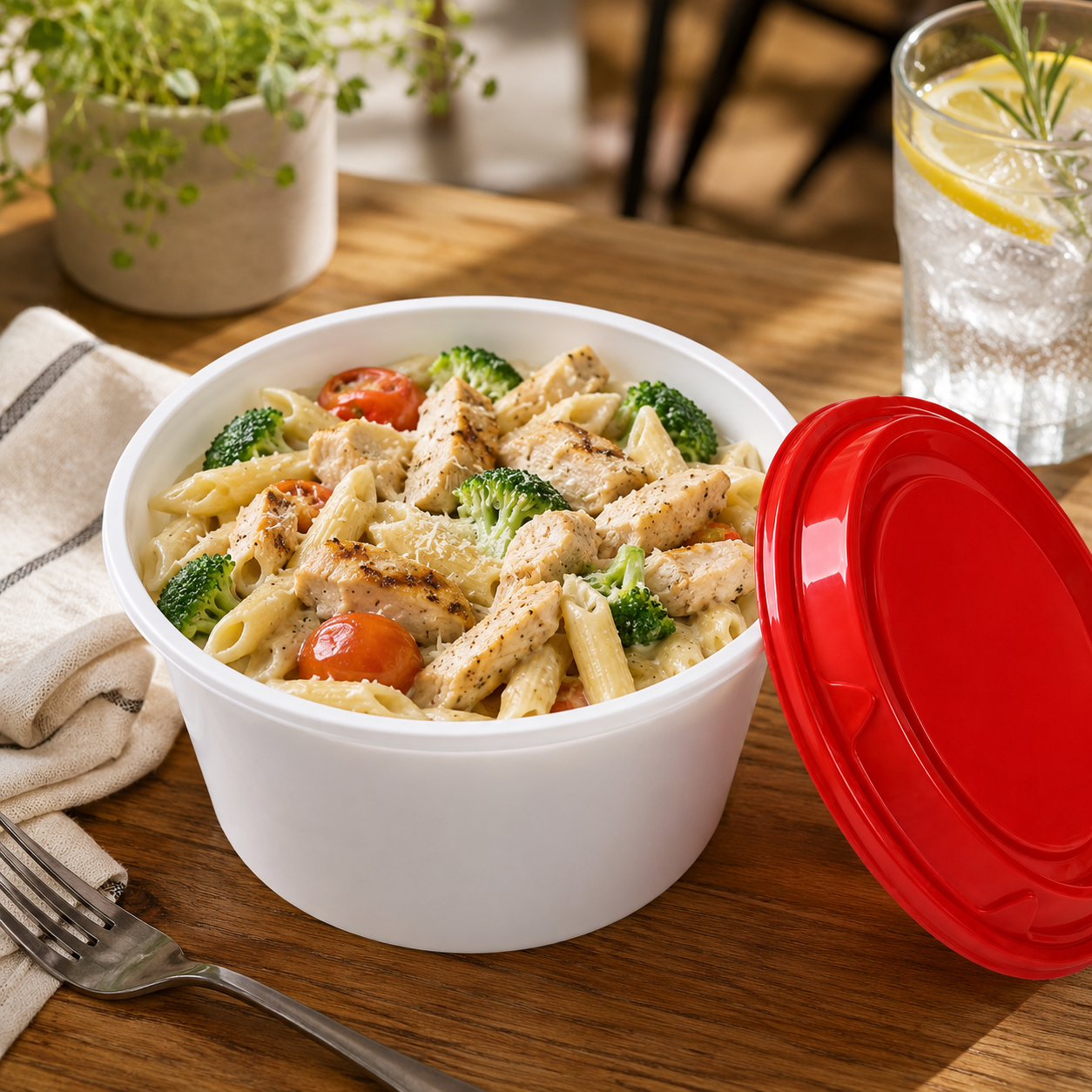 1508ml Extra Deep White PP Disposable Catering Soup Bowl Red Lids for Large Portions