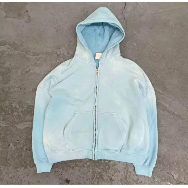 Custom Acid Wash Hoodie Zip Up Men Boxy 400gms 500gsm Heavyweight Sun Faded Distressed Aged Baby Blue