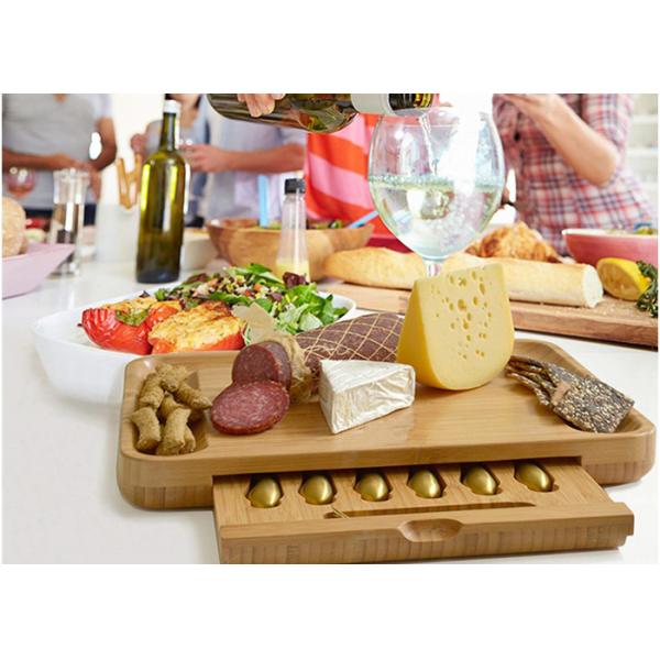 Bamboo Wooden Cheese Board With 6 Stainless Steel Cheese Knives & 6 Appetizer Forks