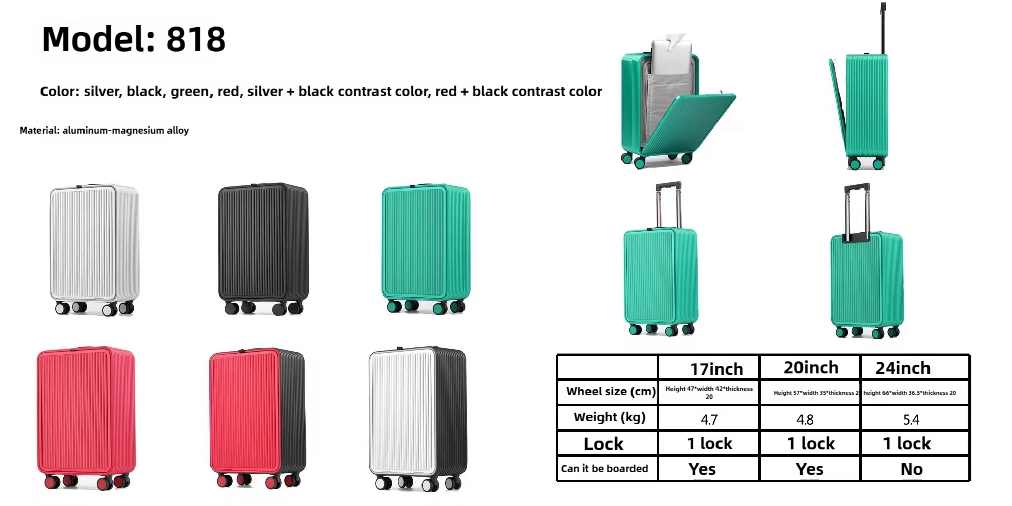 Front Opening Travel Luggage Suitcase Modern Aluminum Smart Spinner Hard Side Luggage