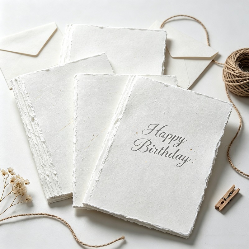 Handcrafted cotton paper birthday cards with deckle edges and pressed flowers