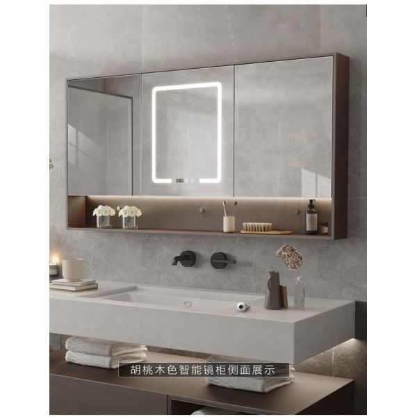 Solid Wood Bathroom Furniture Mirror Cabinet , LED Light Glass Cabinet Mirror