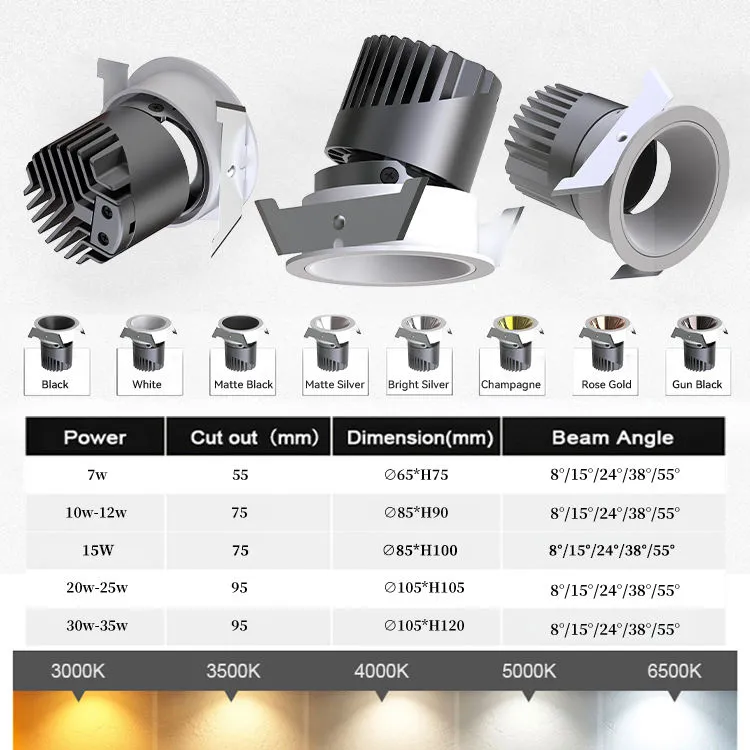 High CRI90 Eye Protection LED Recessed Ceiling Down Light, Frameless Design 15W COB Spot Light for Commercial & Residential Home Lighting