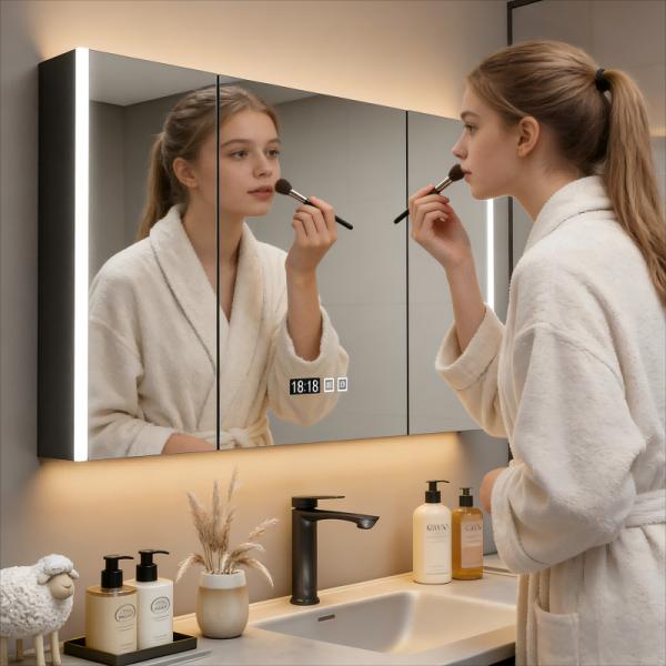 Kingstin Wood Grain Stainless Steel LED Bathroom Mirror Cabinet with Open Storage Shelf & Touch Control Light
