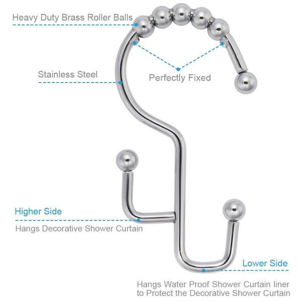 Double Shower Curtain Rings Stainless Steel Rustproof Metal Hooks for Bathroom Shower Rods Curtains