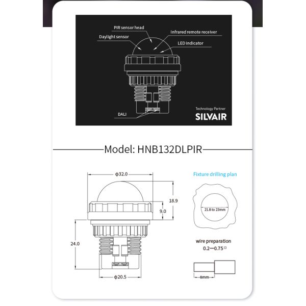Zhaga Book20 Based SILVAIR Bluetooth Mesh PIR motion sensor, DALI-2 D4i output, self-contained 