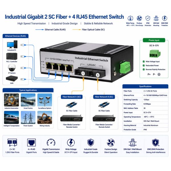 DC 9-57V Industrial Fiber Switch Integrates 2 SC Fiber Ports 4 RJ45 Ethernet Ports