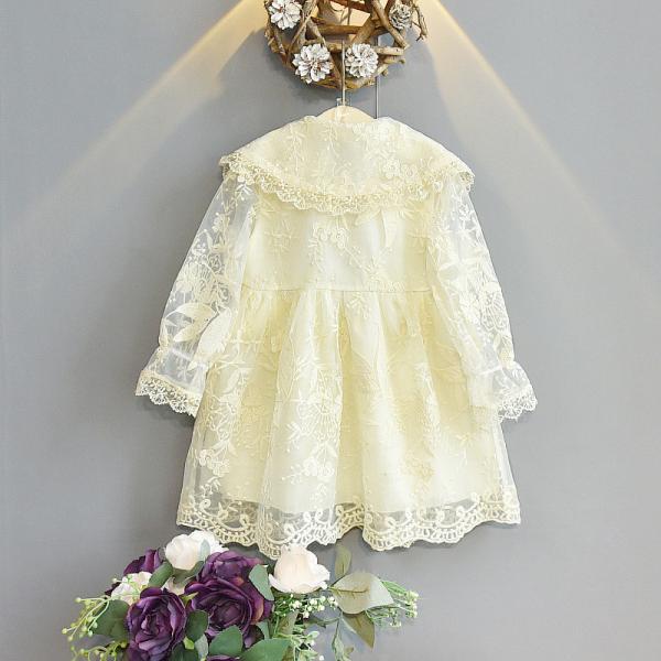 24in Embroidered Lace Children'S Dress Clothing Beige Long Sleeve Princess Wedding Dress