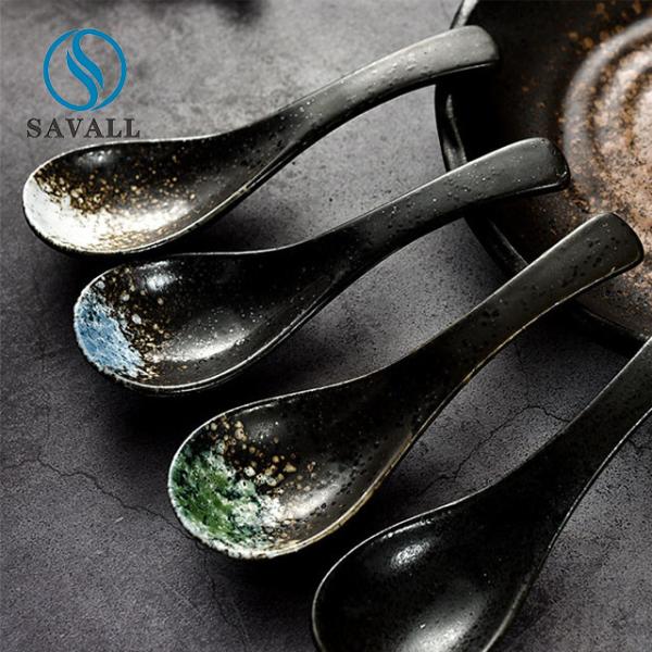 Contemporary Plain Black Ceramic Soup Spoon A Grade Porcelain Soup Spoon