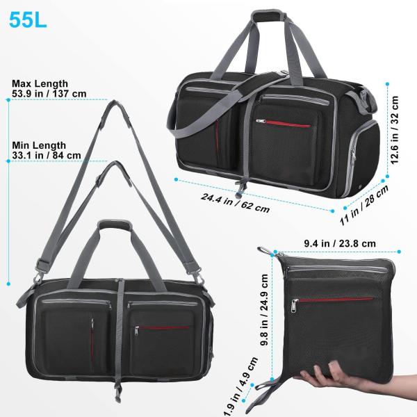 Light Black 55L Foldable Weekender Bag Waterproof Tear Resistant With Shoes Compartment