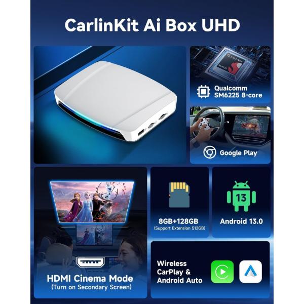 Wireless Adapter Carplay Multimedia Box y Android Auto Dongle Netflix TBox UHD 4Gb 64Gb SM6225 Android 13