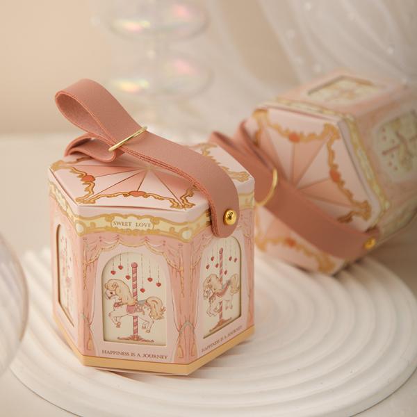 Carousel Romance Candy Box Set European Hexagonal Wedding Favor Packaging Gold Foil Carousel Design Leather Handle