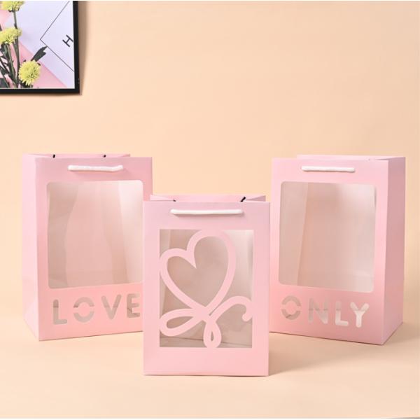 Blue PVC Window Cardboard Gift Bags With Laser Cut Love Recyclable Tote With Handle