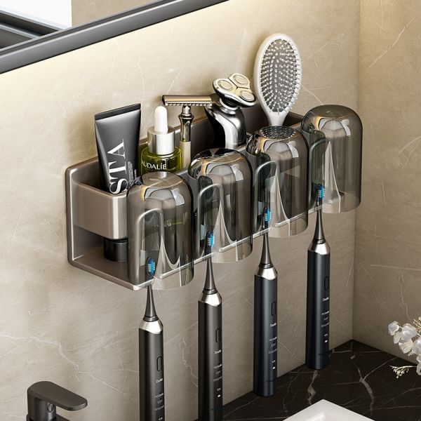 2 3 4 Cups Space Aluminum Punch-free Luxear Suction Cup Wall Mounted Bathroom Storage Rack Toothbrush Cup Holder