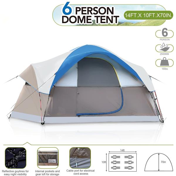 6 Person Dome Camping Tent With 190T Silver Plasters Rainfly