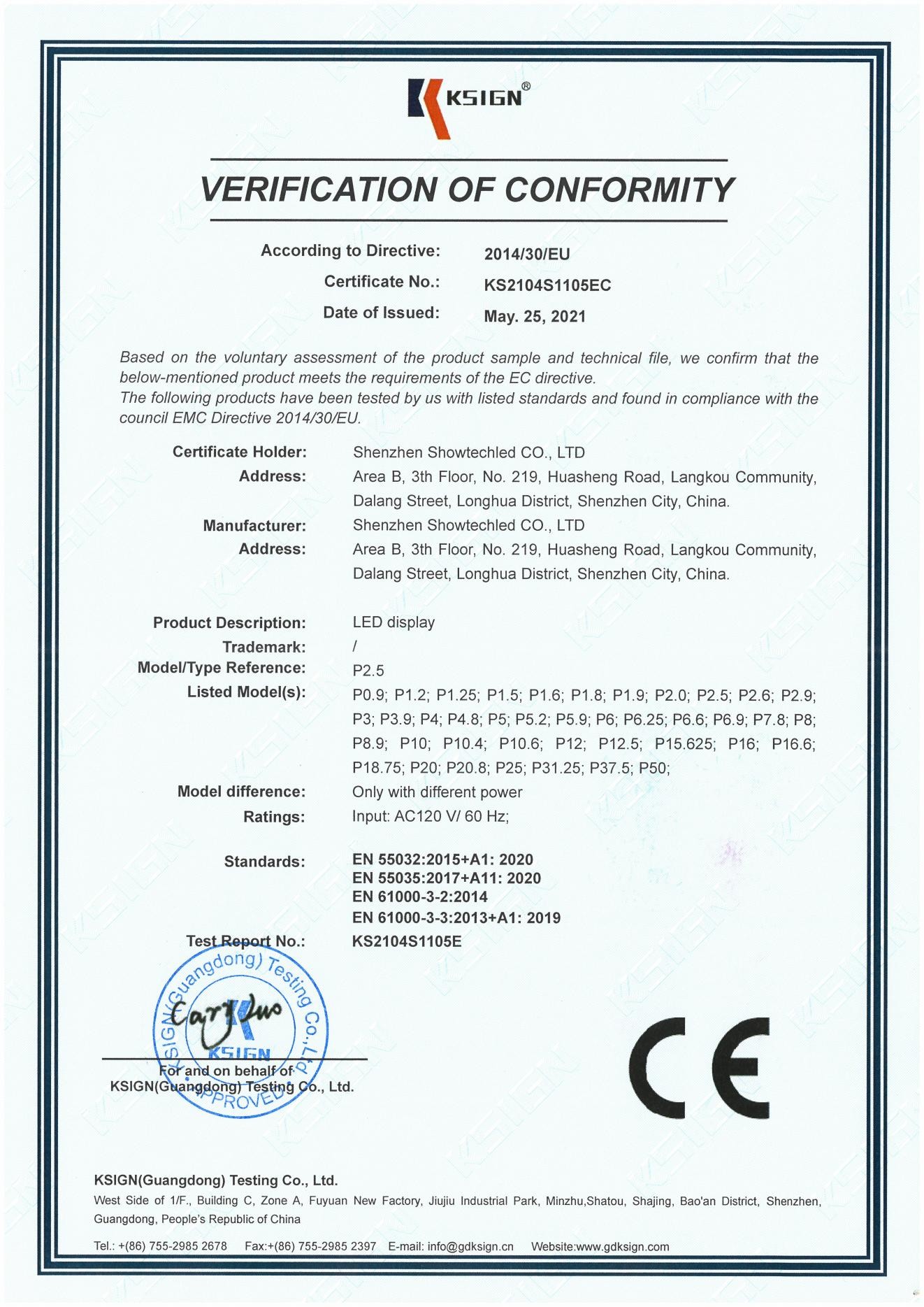 Shenzhen Showtechled Co., Ltd. Сертификации