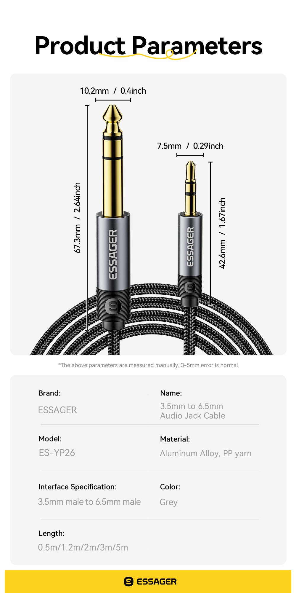 Essager ES-YP26 3.5mm Male To 6.5mm Male Jack Audio Cable For Speakers Amplifier Guitar Mixer