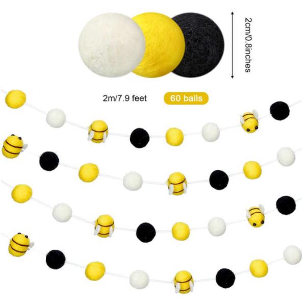2.5cm Bees 6.56ft Felt Pom Pom Garlands With 2cm Balls