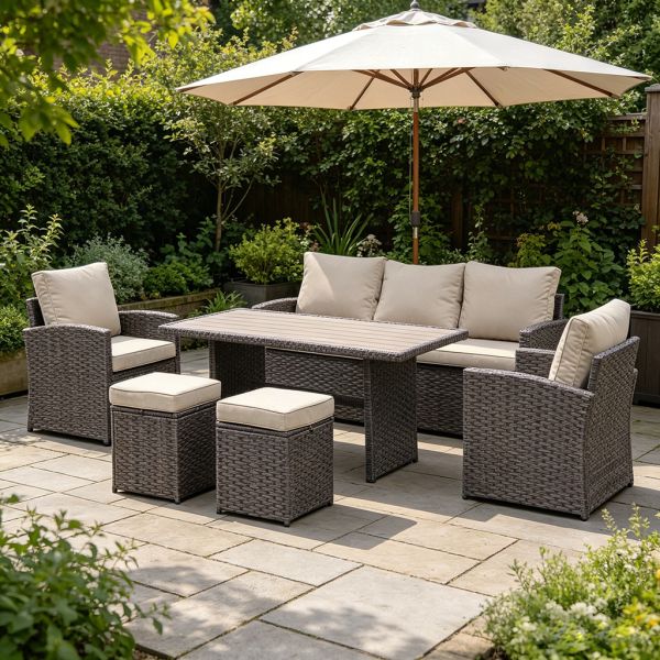 6 Pieces Patio Dining Set All Weather Wicker Furniture Steel Frame Rattan Dining Table and Chair Poly Wooden Table Top