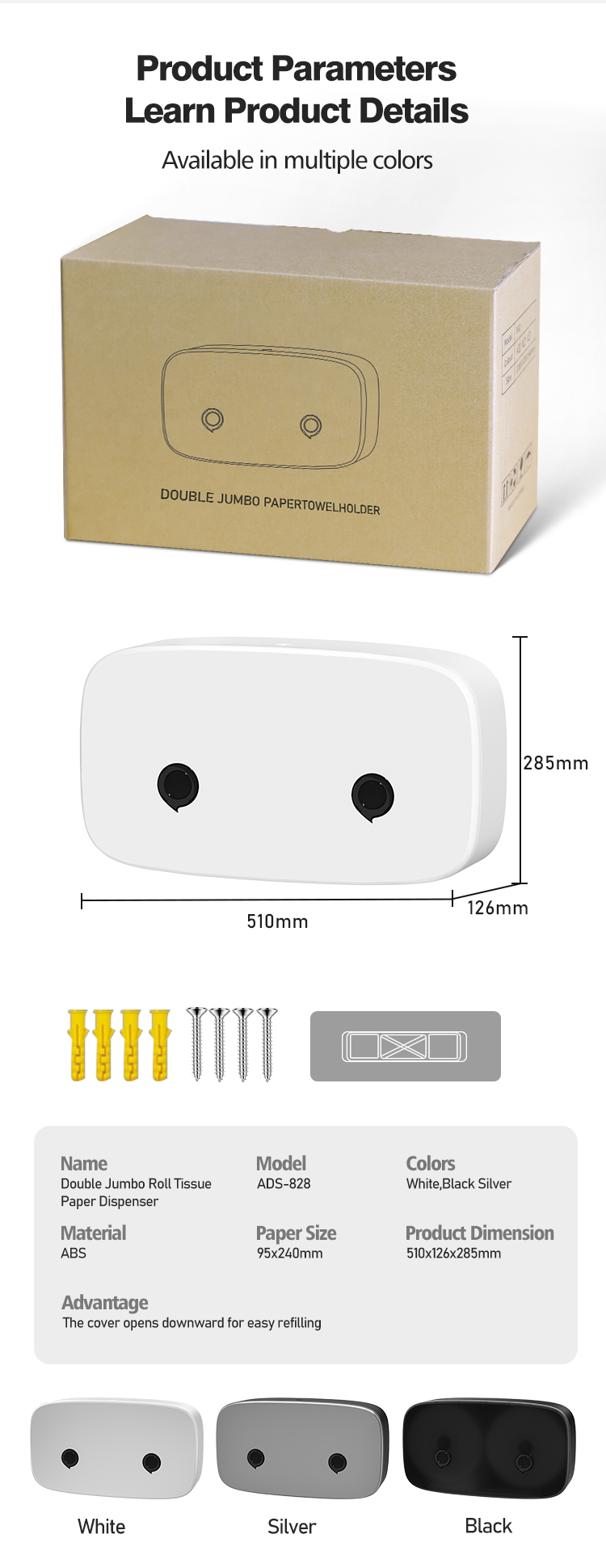 Modern ABS Plastic Double Roll Toilet Paper Dispenser Wall Mounted Hotel Commercial Use