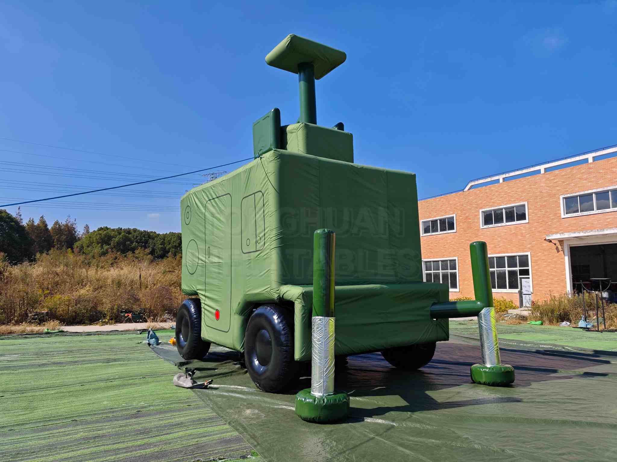 Custom Inflatable Radar Trailer Replica with Raised Antenna Mast Box Body Wheels and Tow Bar for Training Display Exhibition and Outdoor Simulation Projects