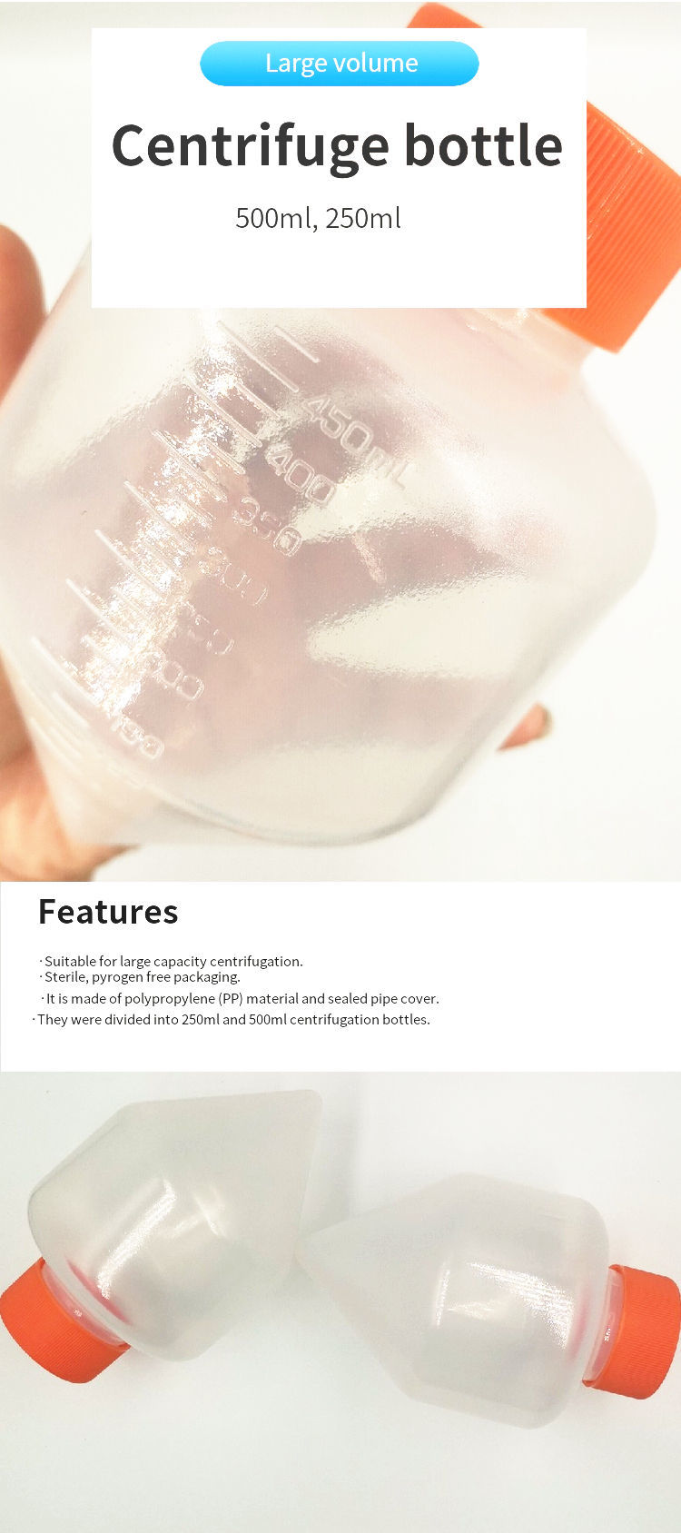 Large Stock Plastic 500ml and 250ml Sterile Centrifuge for Test Tubes PP Conical Bottom Bottle
