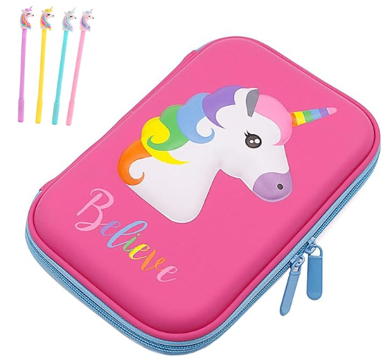 3D Cute EVA Unicorn Pen Pouch Stationery Box Anti-Shock Large Capacity Multi-Compartment for School with 4 unicorn pens ;EVA shell cushions supplies