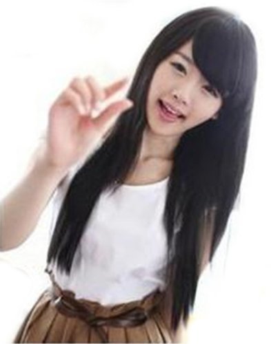 Cute natural Fashion Long Straight Wig Kanekalon BLACK Full Wigs