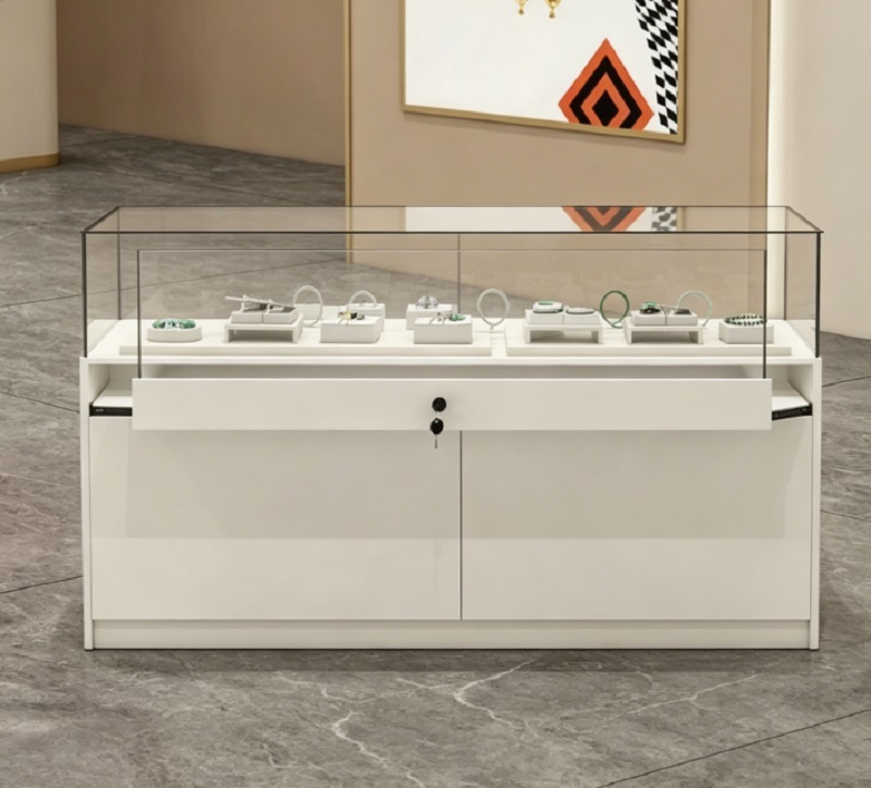 Modern Minimalist White Glass Jewelry Display Counter, Lockable Retail Showcase with Storage Drawers