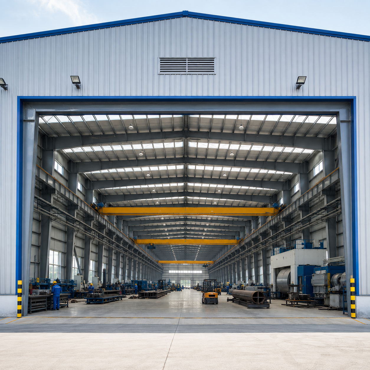 Clear Span Prefabricated Workshop Buildings Column Free Production Steel Framed Workshop