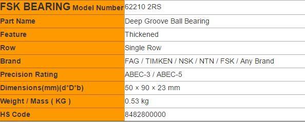 Thickened 62210 2RS , 62211 2RS Deep Groove Ball Bearings Special Bearing For Automotive