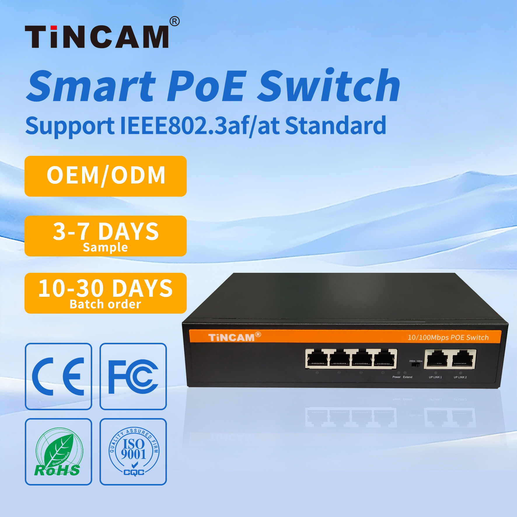 6 Port Fast Ethernet PoE Switch 4 PoE Ports 2 Uplink Ports 10/100Mbps Unmanaged IEEE 802.3af/at 250m Extend Metal Case TBC-PS4306N
