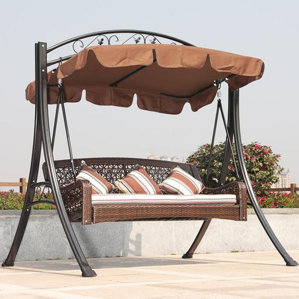 Metal Rattan Swing Chair with Canopy 3-Seater Garden Furniture Metal Steel Frame