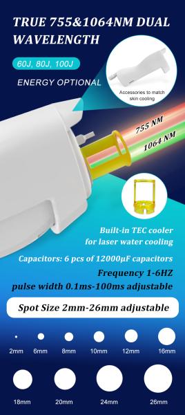 Pigment Lesions Removal Lasering 755 1064nm Alex Long Pulse Shorter Pulse Alexandrite Yag Lasering Hair Removal Machine